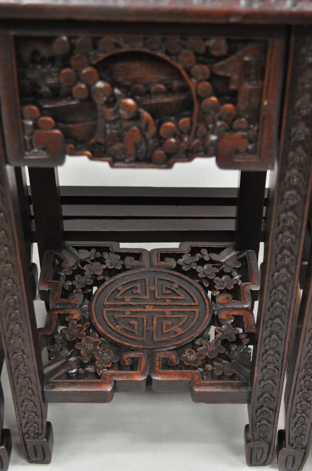 Antique Chinese Carved Rosewood Figural Nesting Side Tables w/ Drawer - 4 Pcs