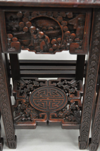 Antique Chinese Carved Rosewood Figural Nesting Side Tables w/ Drawer - 4 Pcs