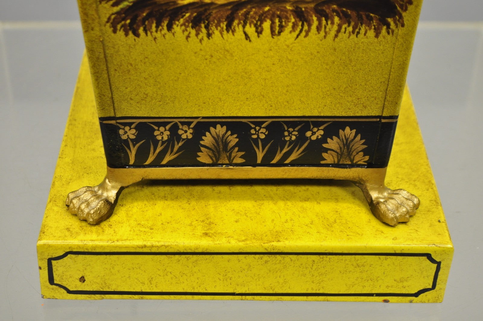 Vintage Chinoiserie French Country Yellow Metal Toleware Wastebasket Trash Can