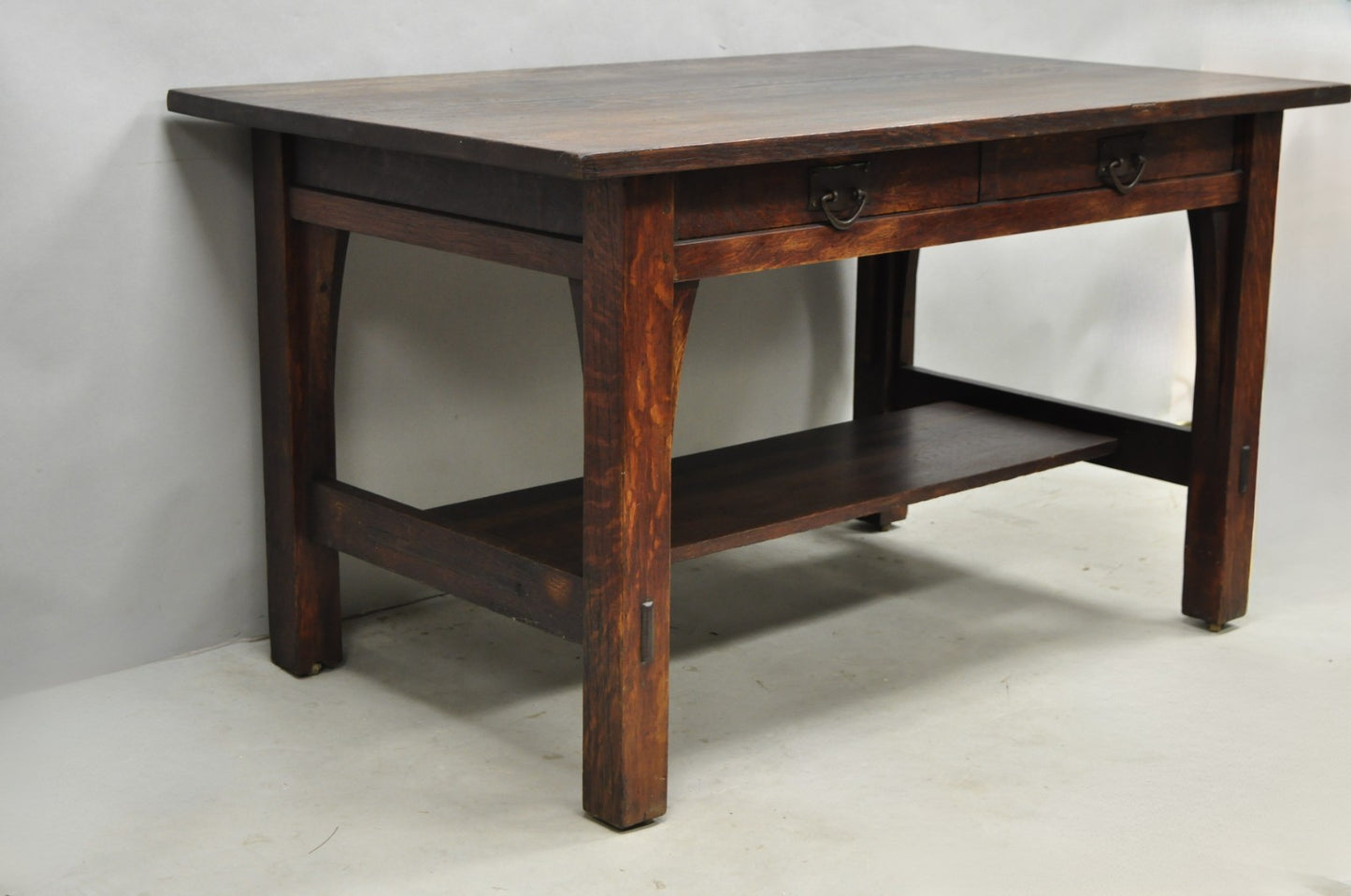 Antique Gustav Stickley Arts & Crafts Mission Oak Two Drawer Library Table Desk