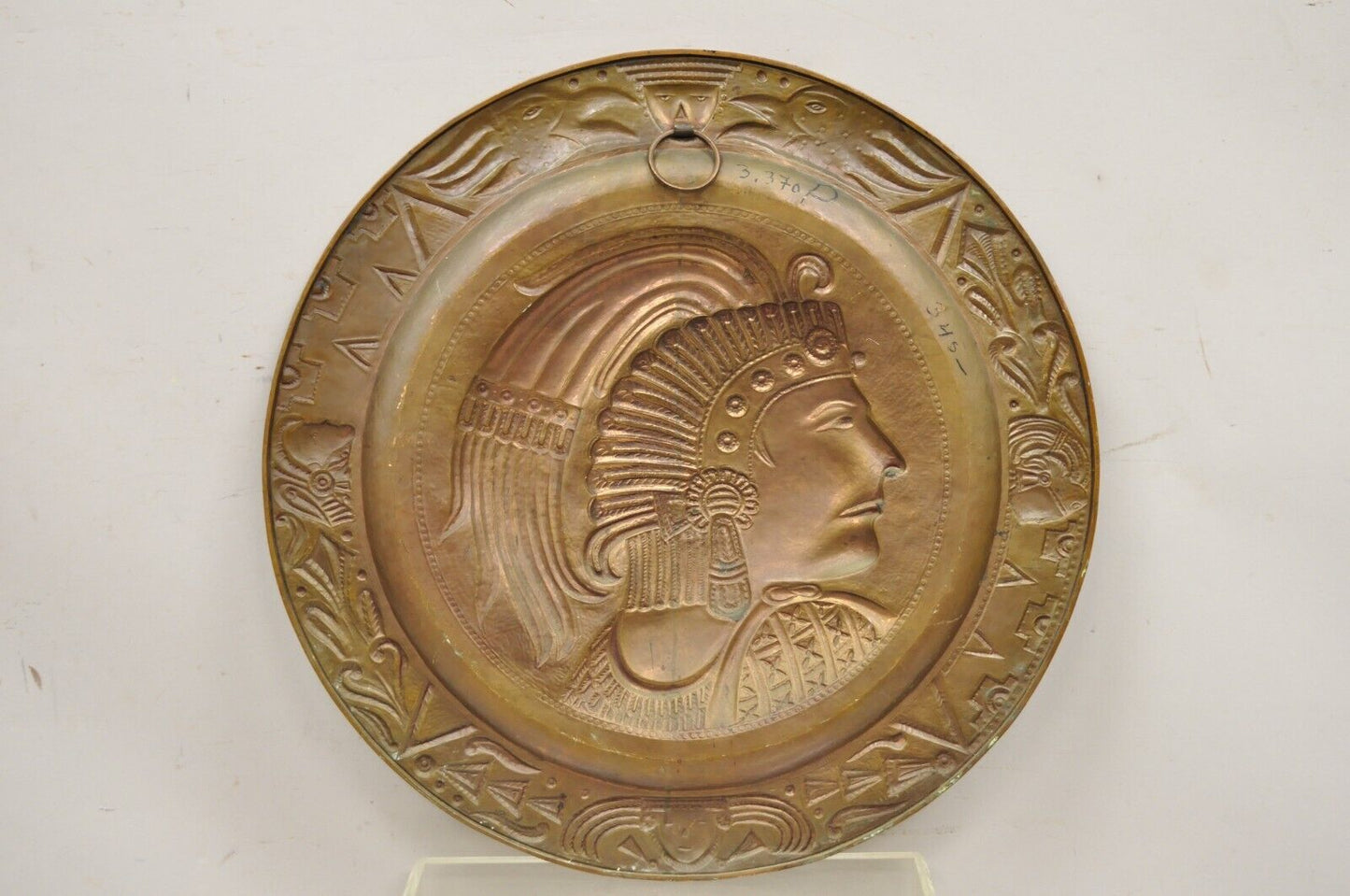 Vtg Copper Relief Figural Mexican Aztec Warrior Large Wall Plaque Charger Tray