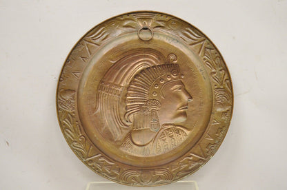 Vtg Copper Relief Figural Mexican Aztec Warrior Large Wall Plaque Charger Tray