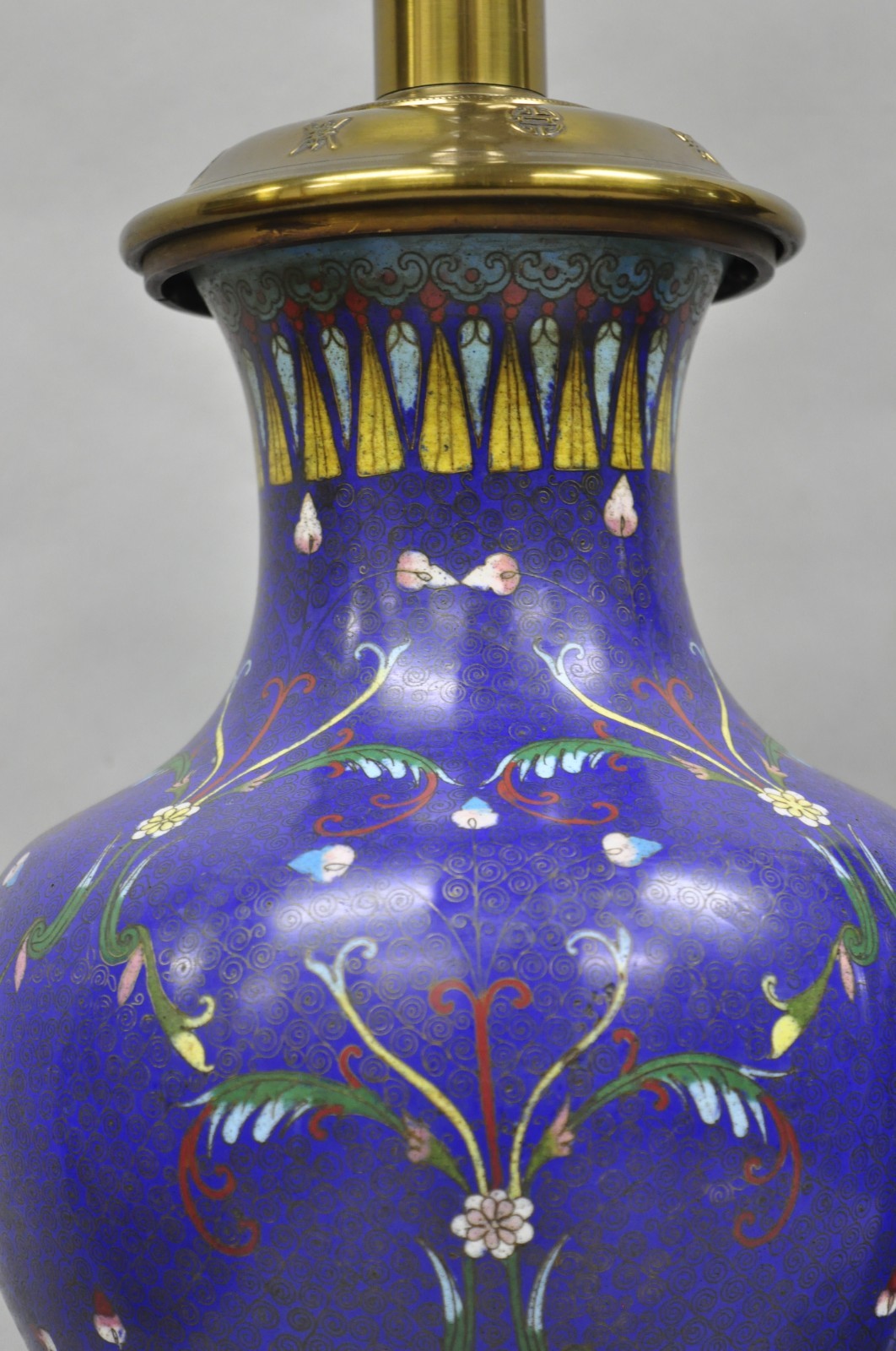 Vintage Chinoiserie Blue Enamel Chinese Brass Jardinierie Table Lamps - a Pair