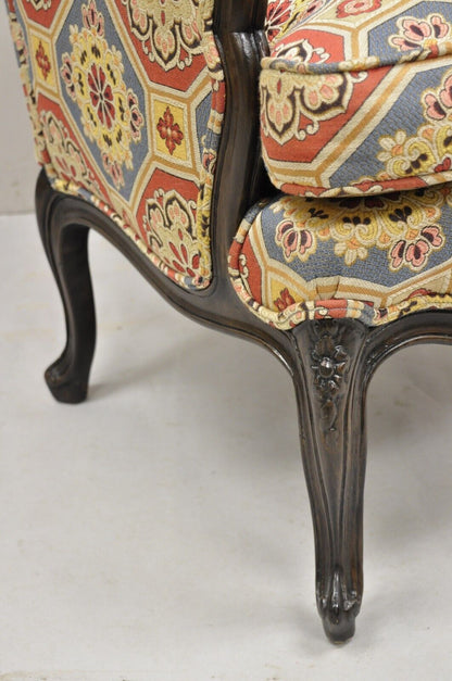 French Country Provincial Style Carved Walnut High Back Blue & Red Lounge Chair