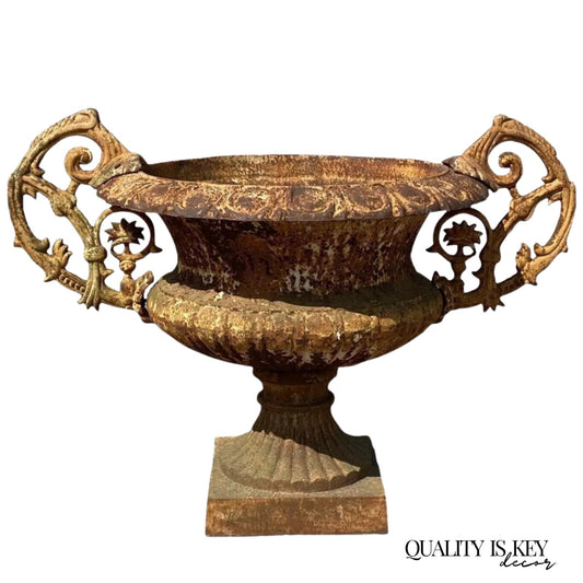 French Victorian Large Cast Iron 48" Wide Campana Urn Garden Planter w/ Handles