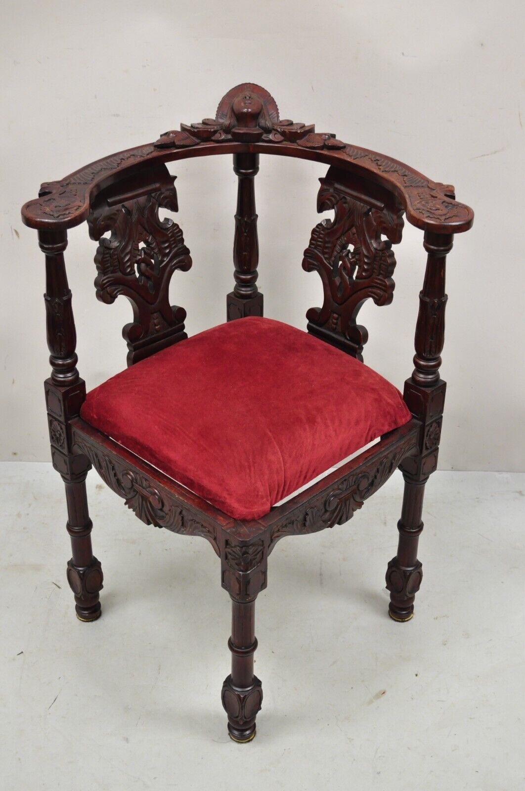 Renaissance Style Mahogany Corner Chair Side Chair with Carved Face