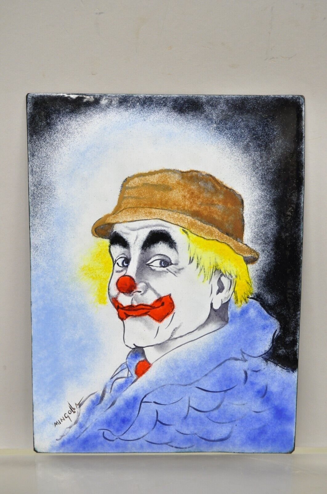 Dom Dominic Mingolla Enamel on Copper Painting Clown in Hat Portrait 12 x 9