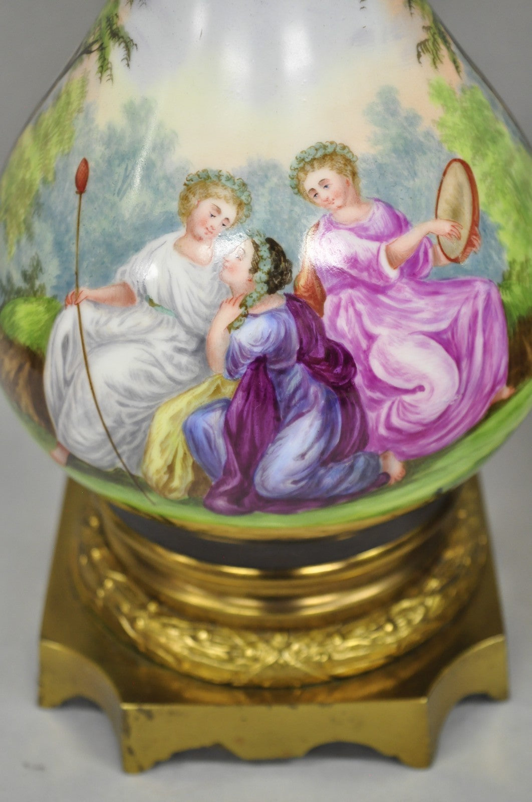 Antique French Napolean III Hand Painted Porcelain Oil Lamp Table Lamps - a Pair