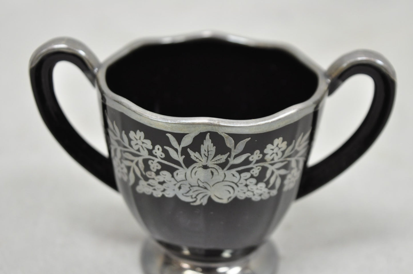 Vintage Rockwell Black Amethyst Glass Creamer Sugar Set Sterling Silver Overlay