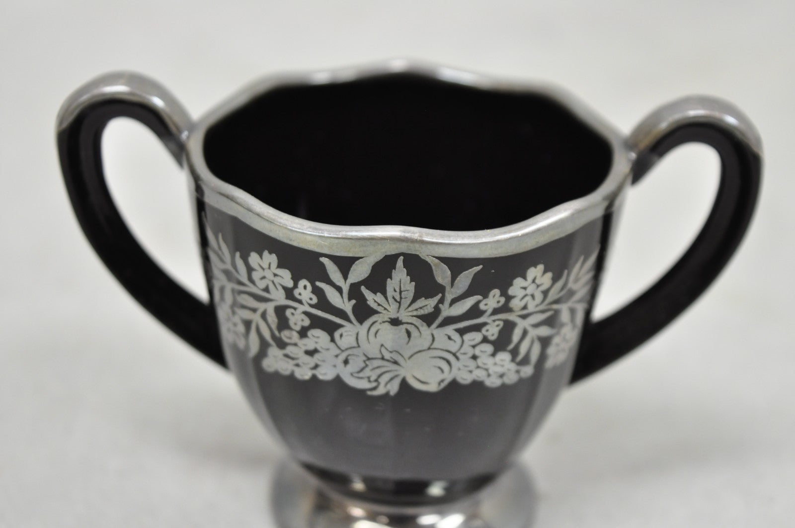 Vintage Rockwell Black Amethyst Glass Creamer Sugar Set Sterling Silver Overlay