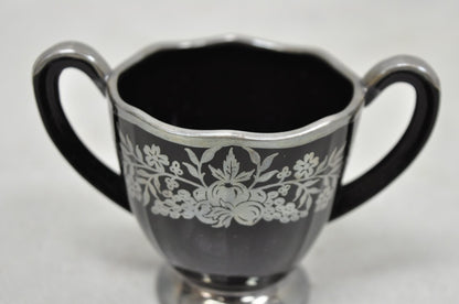 Vintage Rockwell Black Amethyst Glass Creamer Sugar Set Sterling Silver Overlay