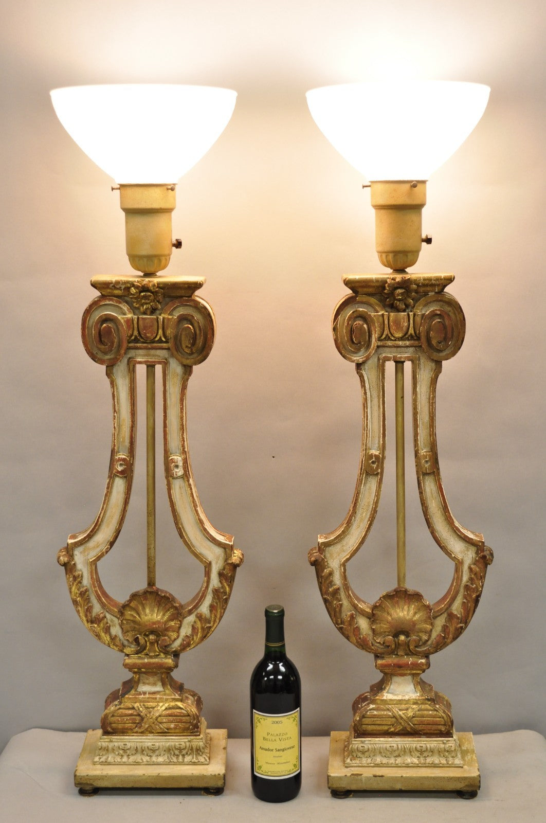 Italian Neoclassical Cream & Gold Gilt Carved Wood Harp Column Table Lamp - Pair