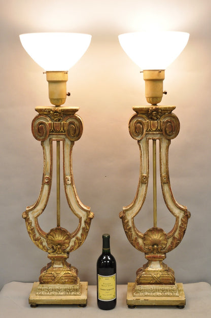 Italian Neoclassical Cream & Gold Gilt Carved Wood Harp Column Table Lamp - Pair