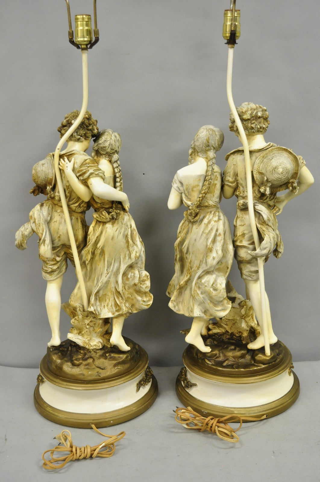 Antique L&F Moreau French Renaissance Large Figural Boy and Girl Table Lamp Pair