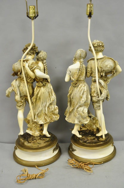 Antique L&F Moreau French Renaissance Large Figural Boy and Girl Table Lamp Pair