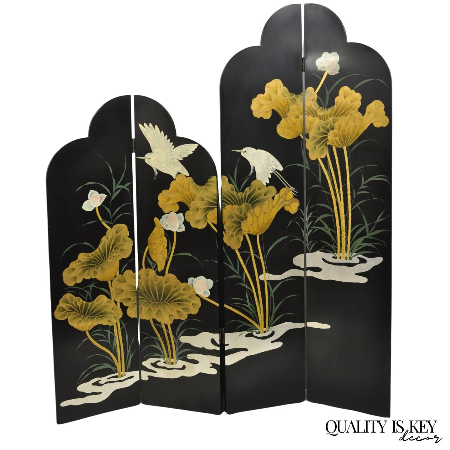Decorator Chinoiserie Black Lacquer Oriental Painted 4 Panel Room Divider Screen