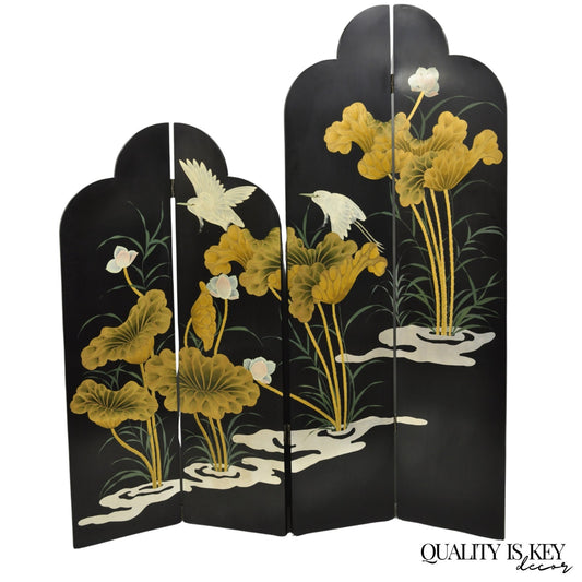 Decorator Chinoiserie Black Lacquer Oriental Painted 4 Panel Room Divider Screen