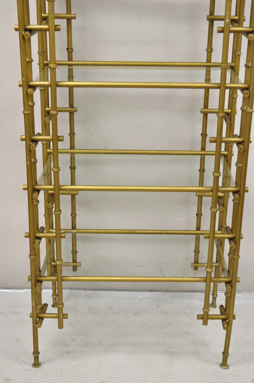 Hollywood Regency Faux Bamboo Chinese Chippendale Pagoda Gold Etagere Bookcase