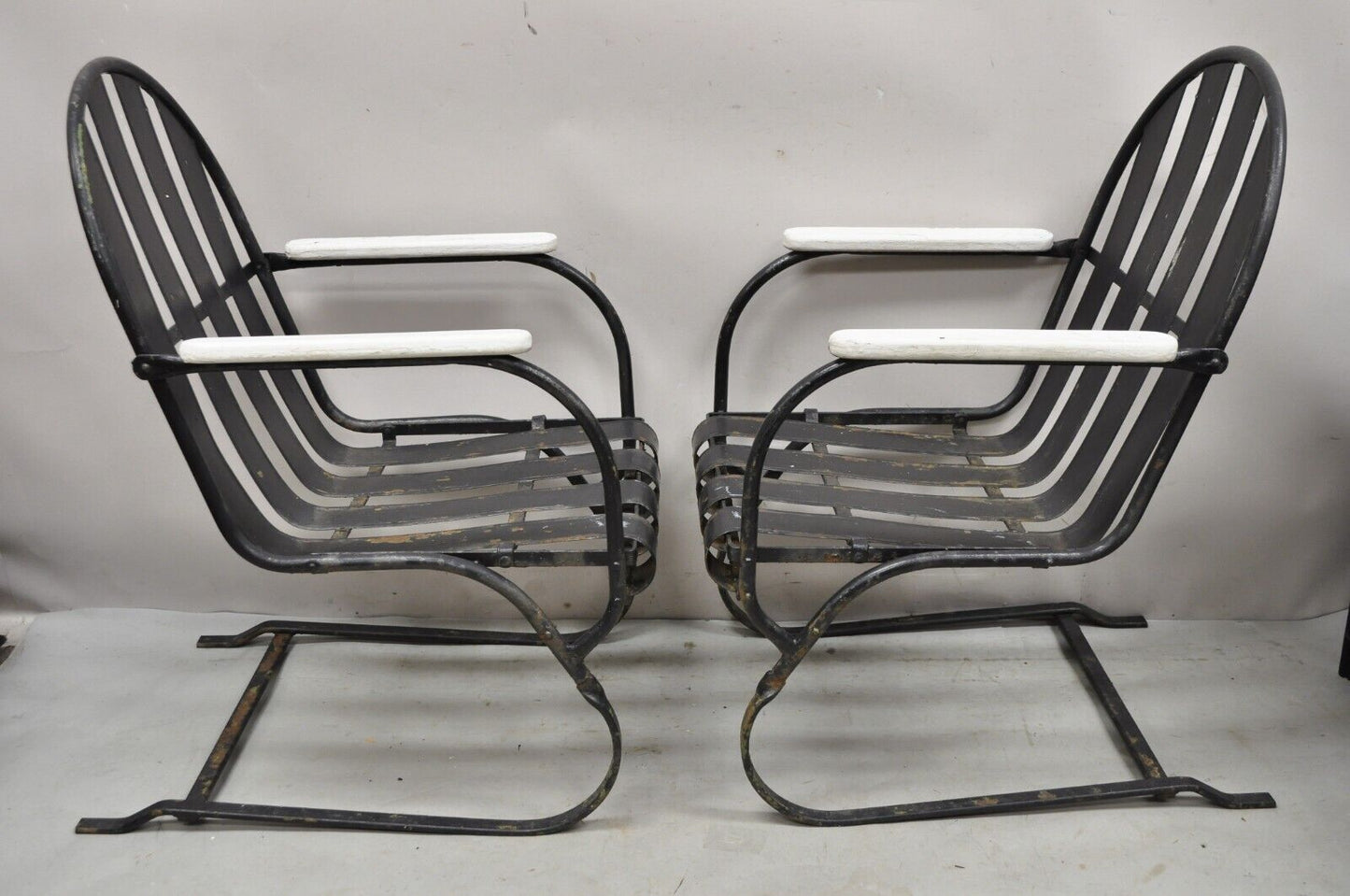 Pair Vintage Art Deco Black and White Steel Metal Slat Patio Bouncer Chairs