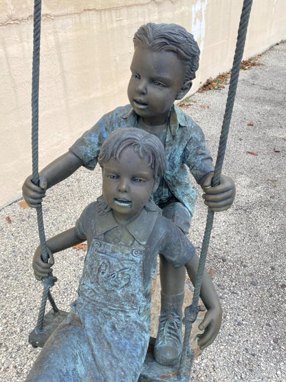 Large Bronze Boy and Girl Children Swinging Garden Outdoor Statue Sculpture