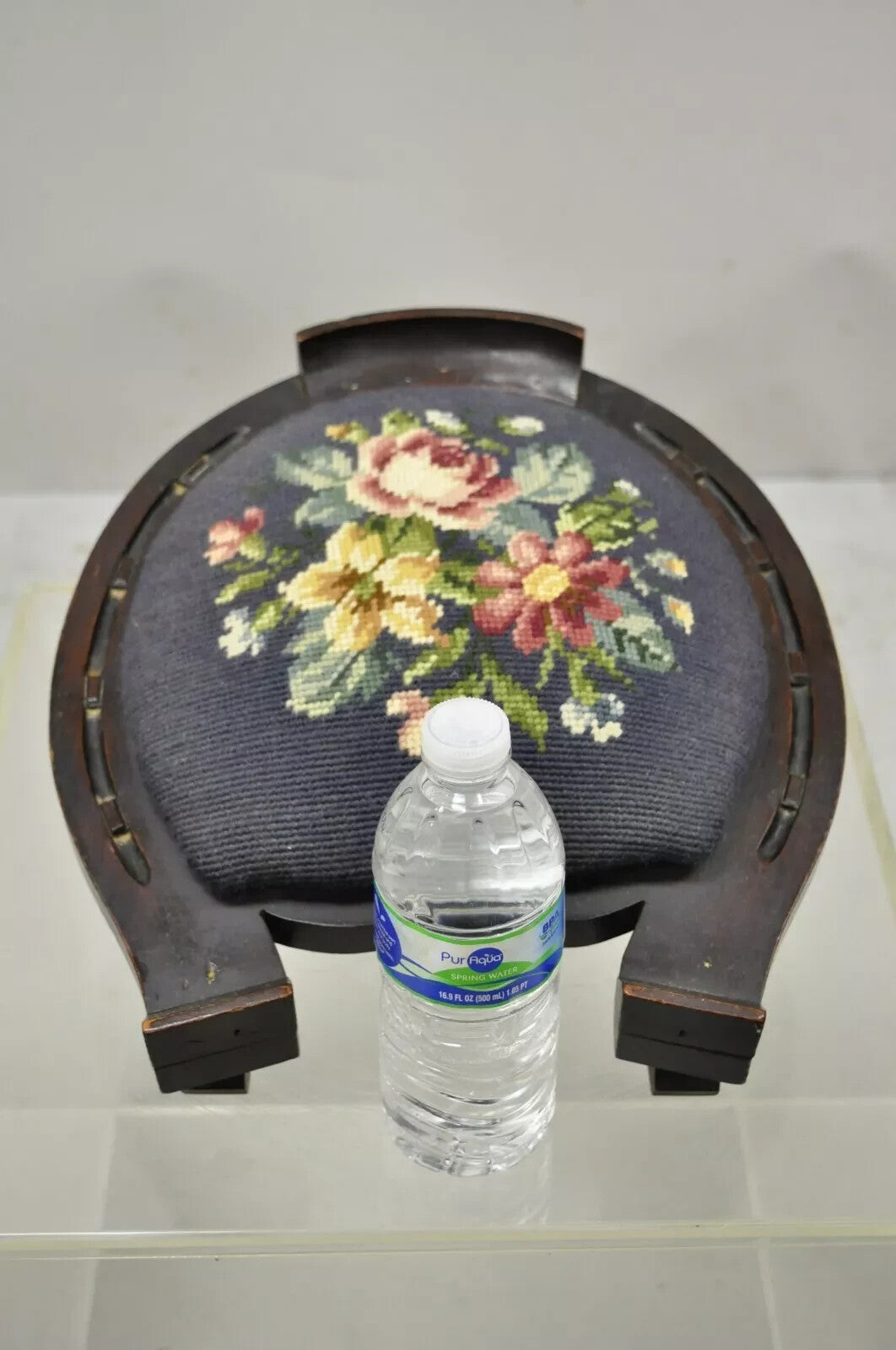 Antique Victorian Mahogany Horseshoe Needlepoint Gout Stool Footstool Ottoman