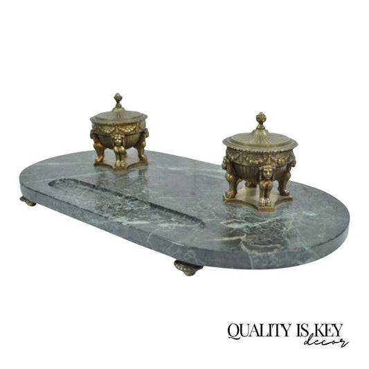 Antique French Empire Figural Bronze Sphinx Green Marble Desk Top Double Inkwell