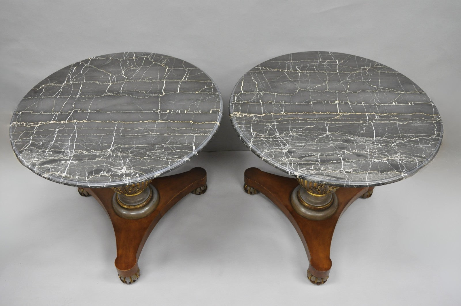 Vintage Italian Neoclassical Style Urn Pedestal Round Marble Side Tables - Pair
