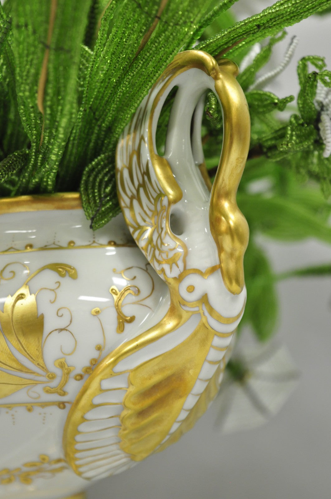 Antique Limoges French Regency White & Gold Porcelain Swan Urn Vase Cachepot
