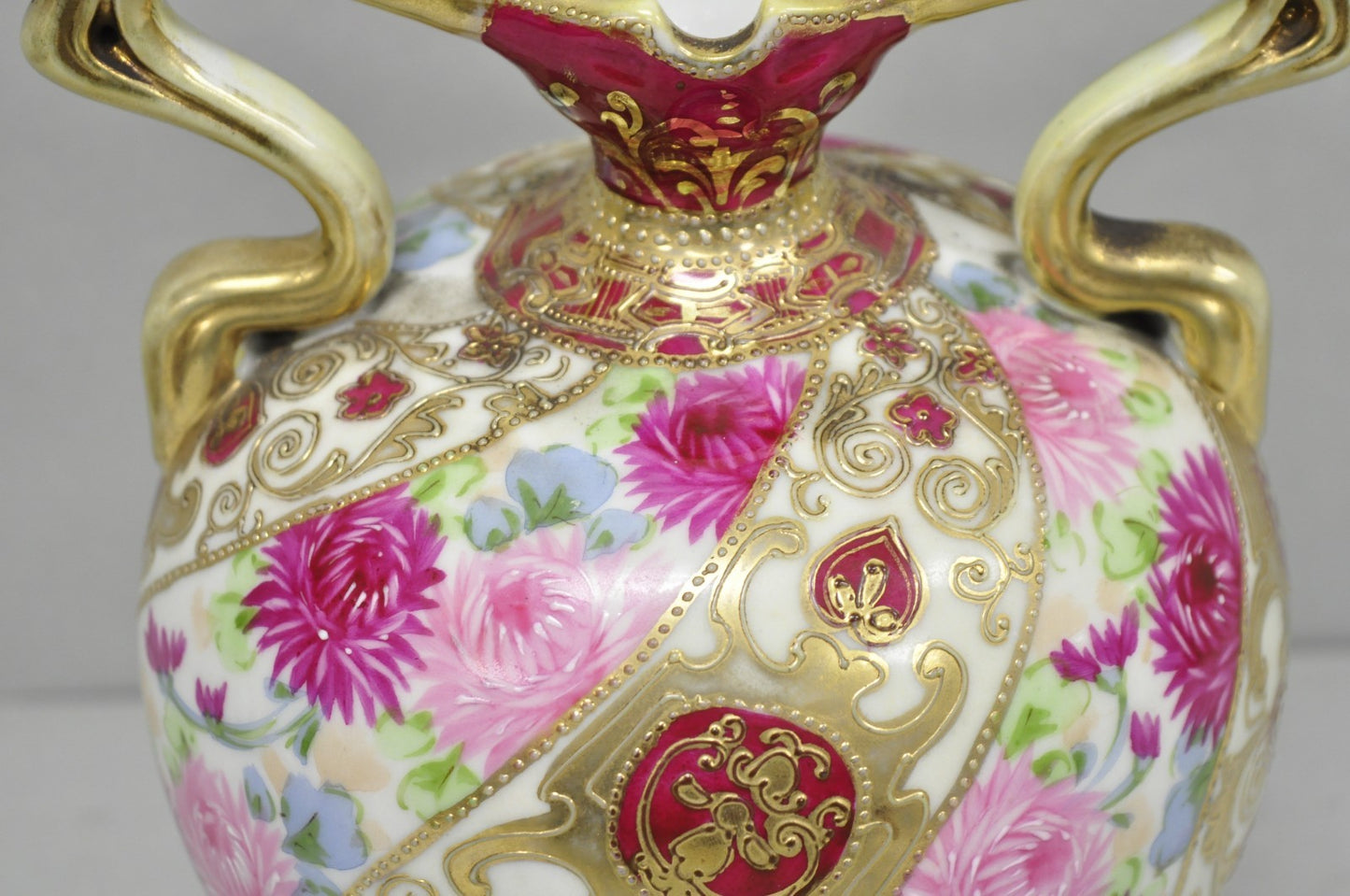Antique Nippon Moriage Porcelain Twin Handle Ball Vase w/ Hand Painted Roses