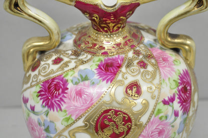 Antique Nippon Moriage Porcelain Twin Handle Ball Vase w/ Hand Painted Roses