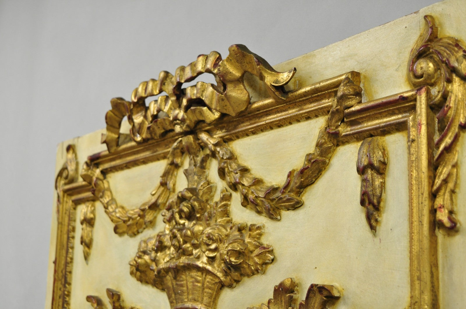 Antique French Louis XV Style Cream & Gold Gilt Drape Ribbon Trumeau Wall Mirror