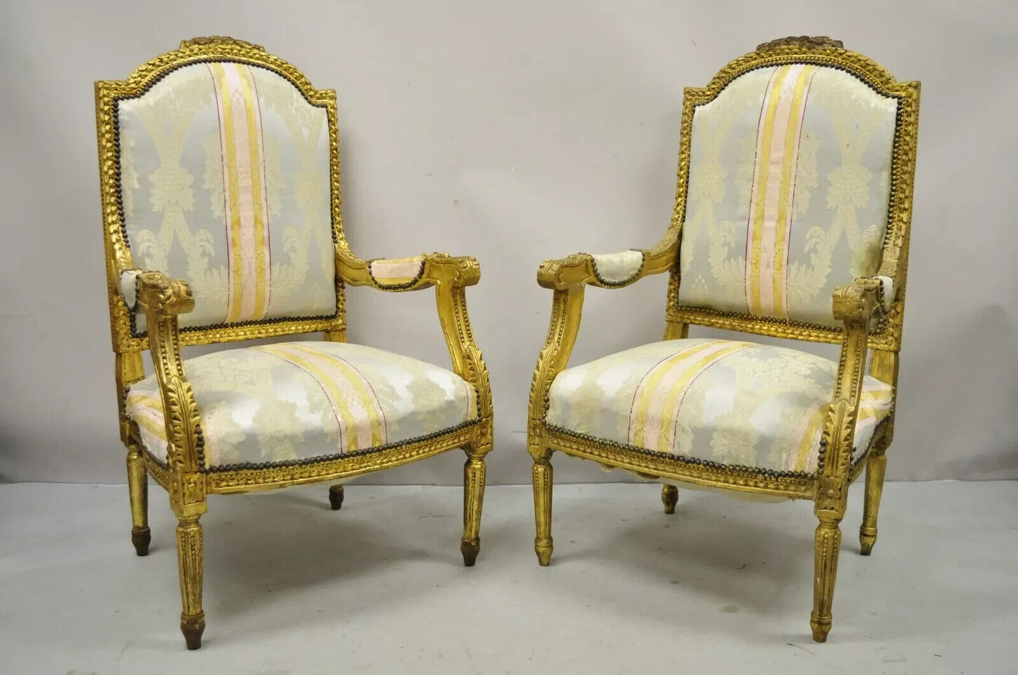 Vintage French Louis XVI Gold Giltwood Upholstered Lounge Chairs (B) - a Pair