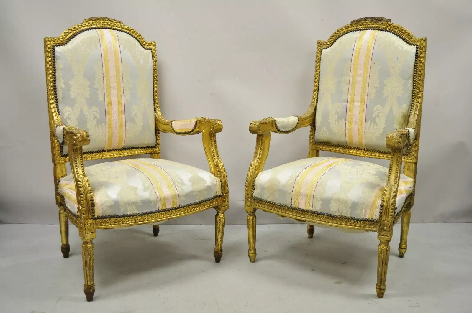 Vintage French Louis XVI Gold Giltwood Upholstered Lounge Chairs (B) - a Pair