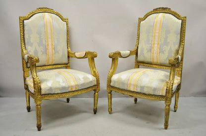Vintage French Louis XVI Gold Giltwood Upholstered Lounge Chairs (B) - a Pair