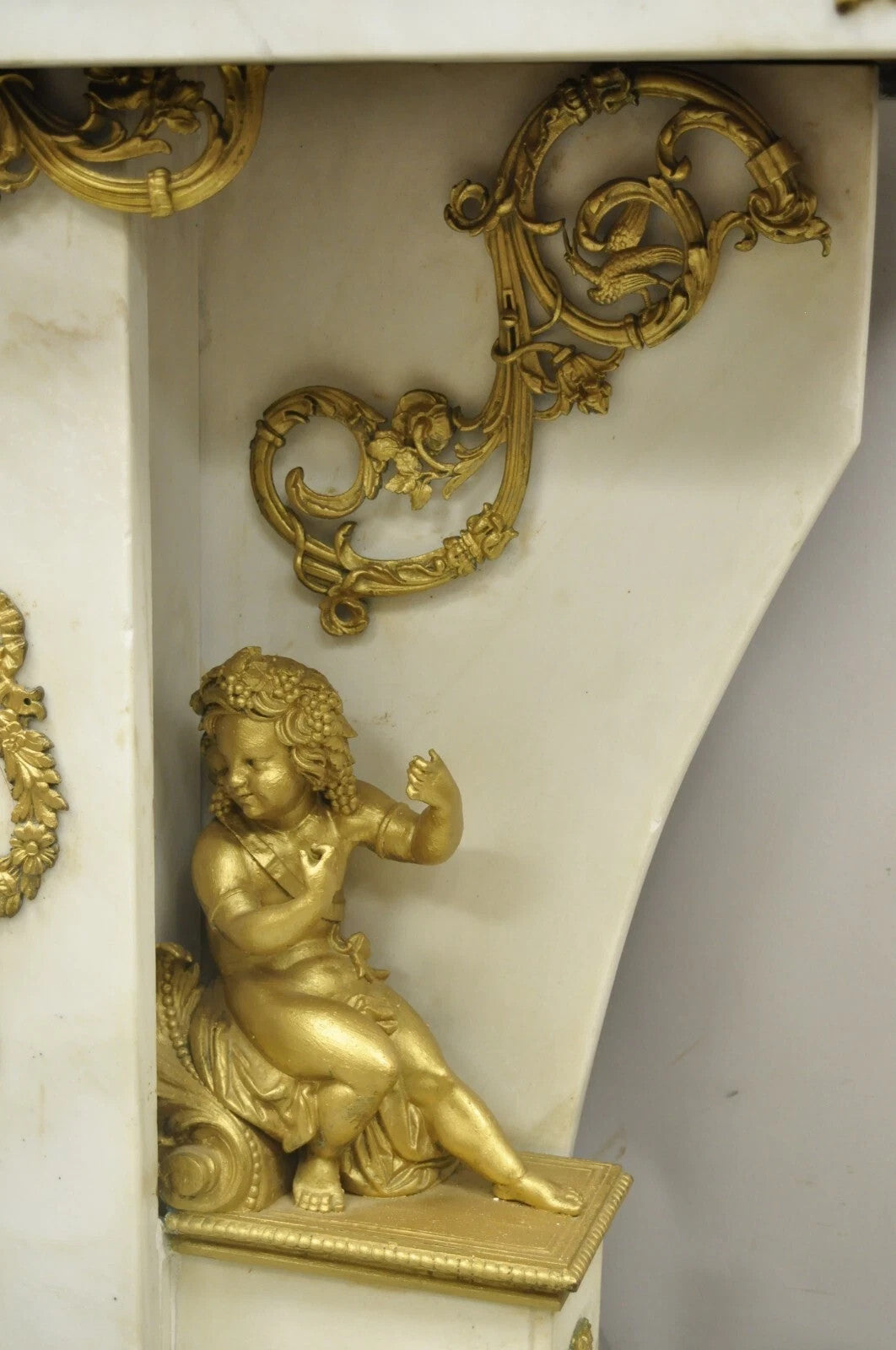 French Louis XV Style Marble & Figural Bronze Ormolu Console Table w/ Cherubs