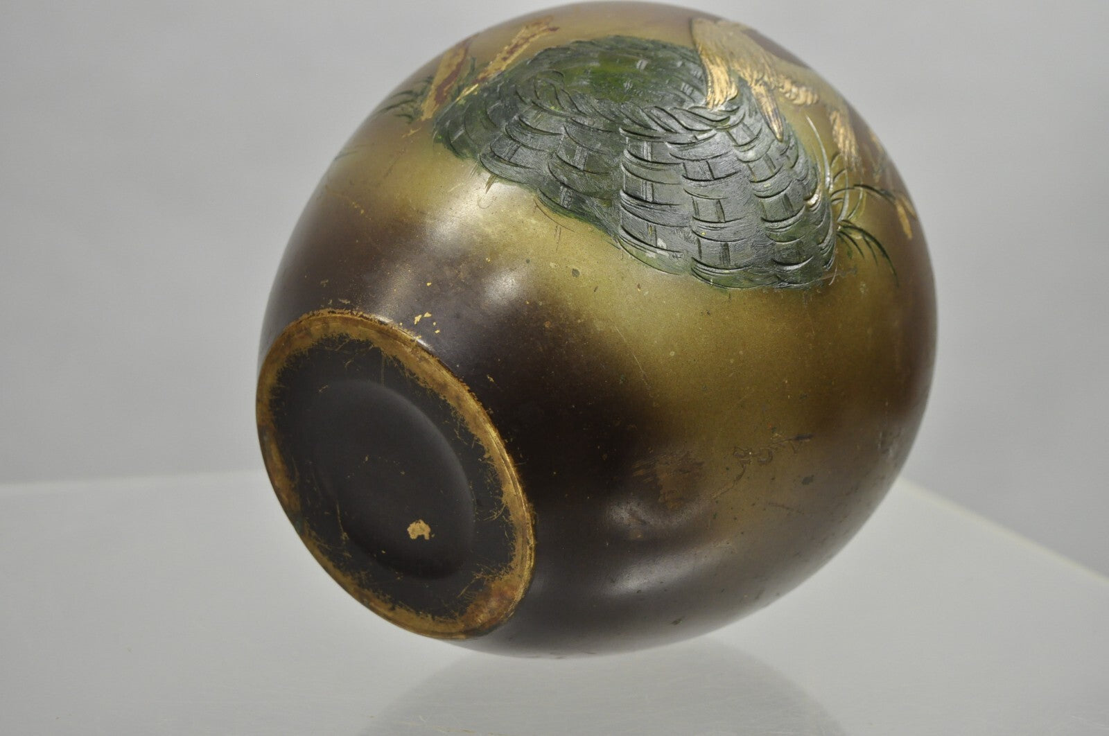 Vintage Chinese Bronze Hand Painted Bird Crane Oriental Bulbous Bud Vase