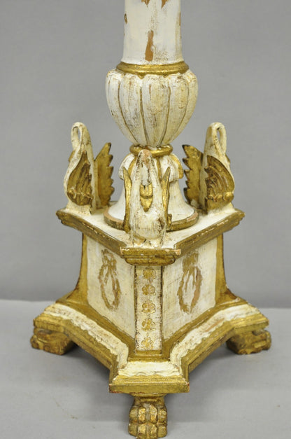 Antique Italian Hollywood Regency Cream Gold Giltwood Column Table Lamp w/ Swans