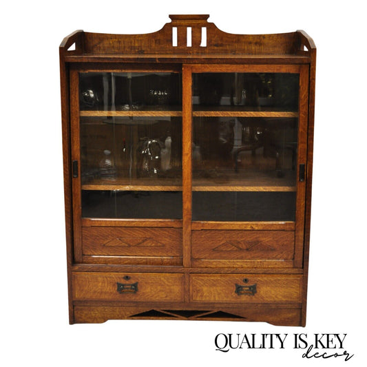 Antique Mission Oak Arts & Crafts Small Sliding Door Bookcase Curio with Drawers