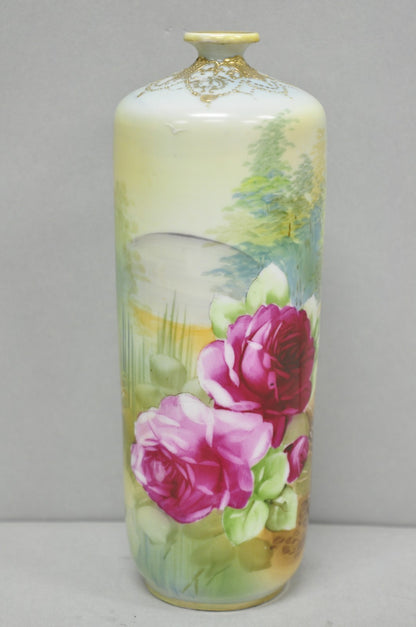 Antique Nippon Hand Painted Pink Rose & Lake Scene Small Porcelain Cylinder Vase