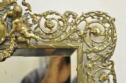 Antique French Renaissance Louis XV Gilt Bronze Figural Cherubs Beveled Mirror