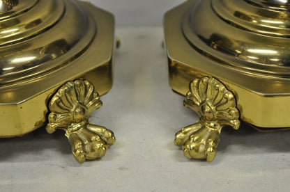 Vintage French Empire Style Burnished Brass Column Paw Foot Table Lamps - a Pair