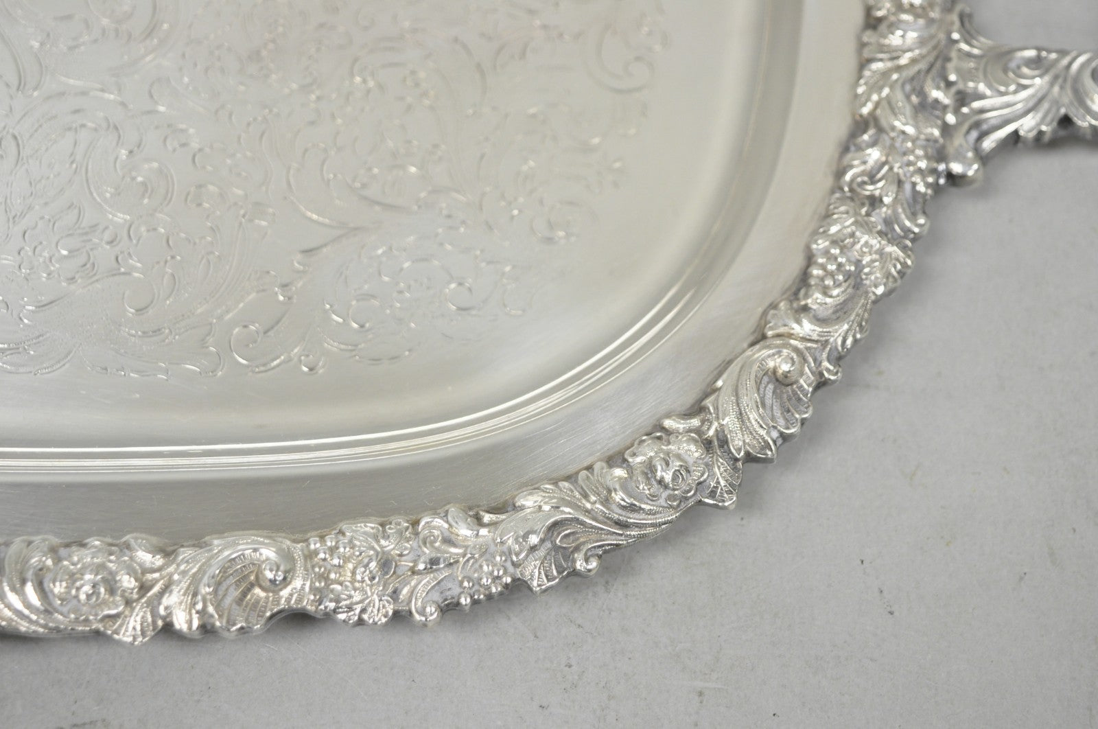Vintage Gorham YC1466 Silver Plated Floral Repousse Bar Serving Tray w Handles