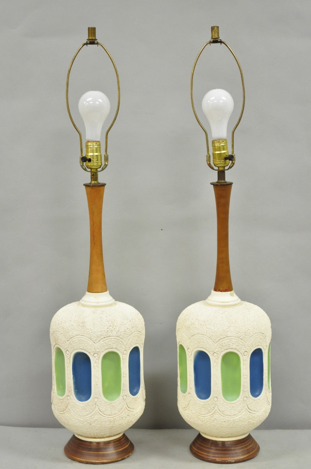 Vintage Mid Century Modern White Blue Ceramic Pottery Teak Table Lamps - a Pair
