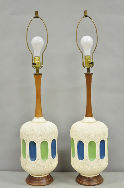Vintage Mid Century Modern White Blue Ceramic Pottery Teak Table Lamps - a Pair