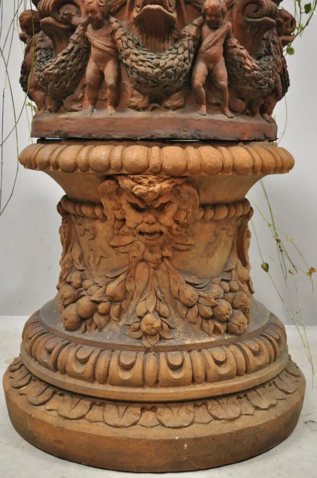 Antique Neoclassical Terracotta Garden Pedestal Planter Pot with Cherub Figures