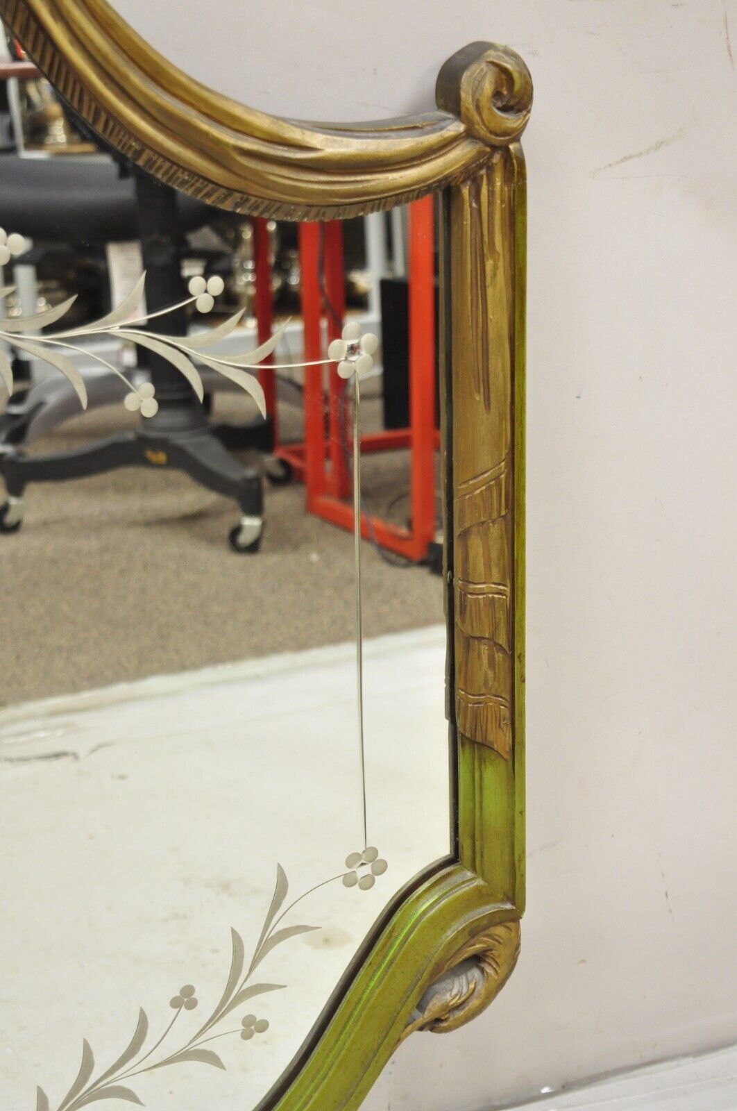 French Louis XVI Style Plume Swan Carved Green Painted Leafy Etched Wall Mirror