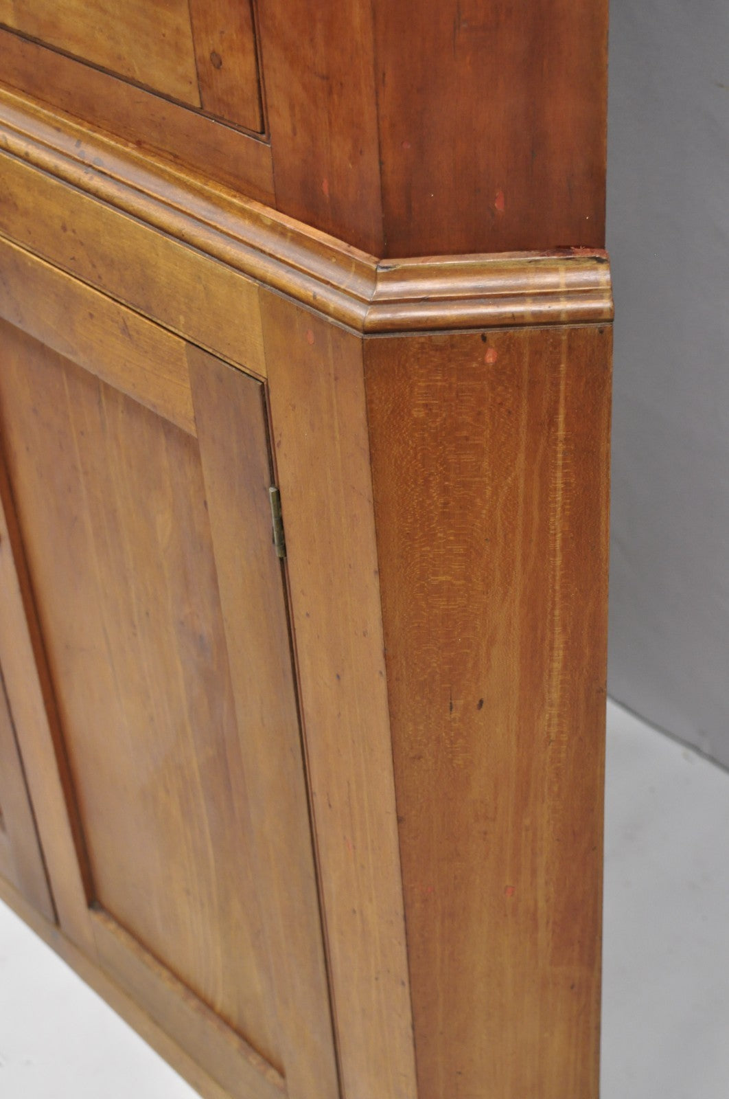 Antique Colonial Primitive Cherry Wood Glass Front Corner China Cabinet Cupboard