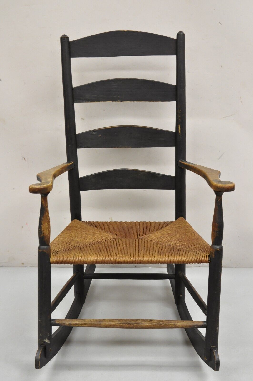 Antique American Primitive Shaker Ebonized Wood Rush Seat Rocker Rocking Chair