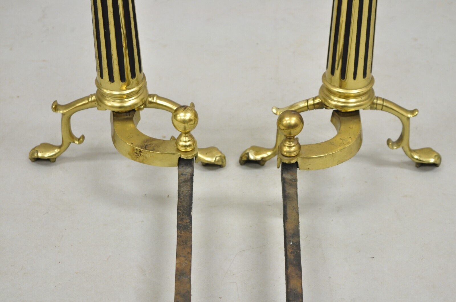 Vintage French Empire Style Brass Cannonball Column Form Branch Foot Andirons
