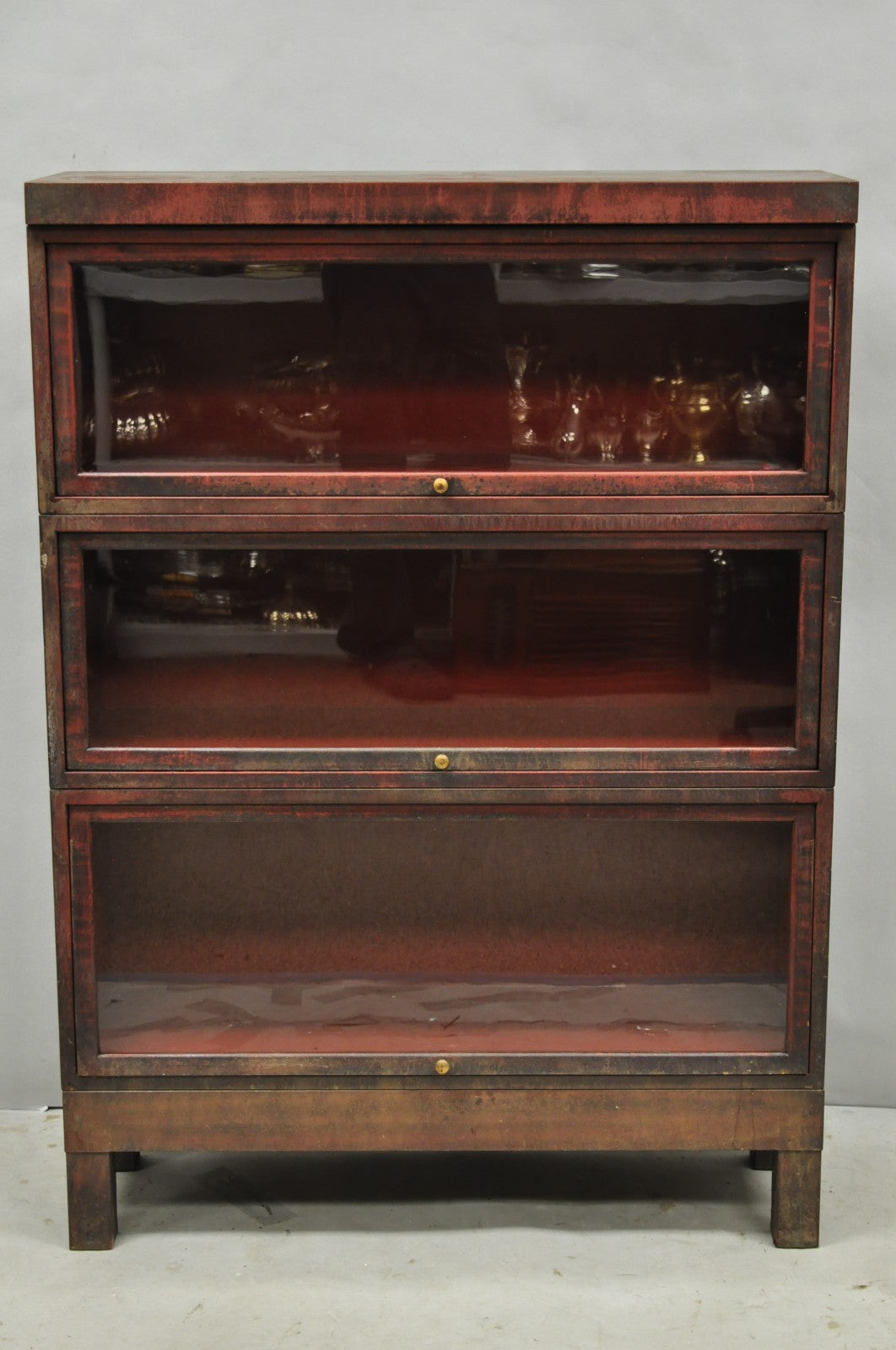 Vintage Industrial Steel Metal Faux Woodgrain Painted Stack Barrister Bookcase